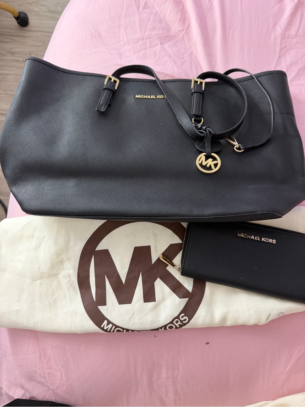Michael Kors Black Leather Tote with Gold MK Charm and Matching Wallet